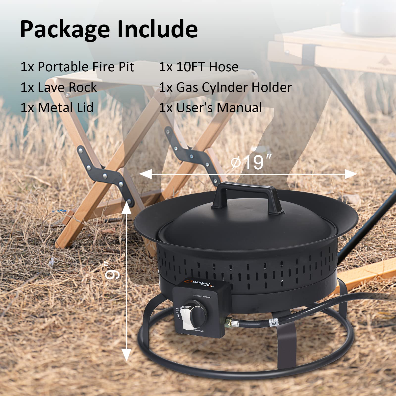 SANAUVULCAN Portable Propane Fire Pit, 58,000 BTU Outdoor Propane Gas Fire Pit for Camping, Backyard, Tailgating and Patio, Gas Fire Pit Bowl with Cover, Lava Rock Stone and Tank Stabilizer Ring