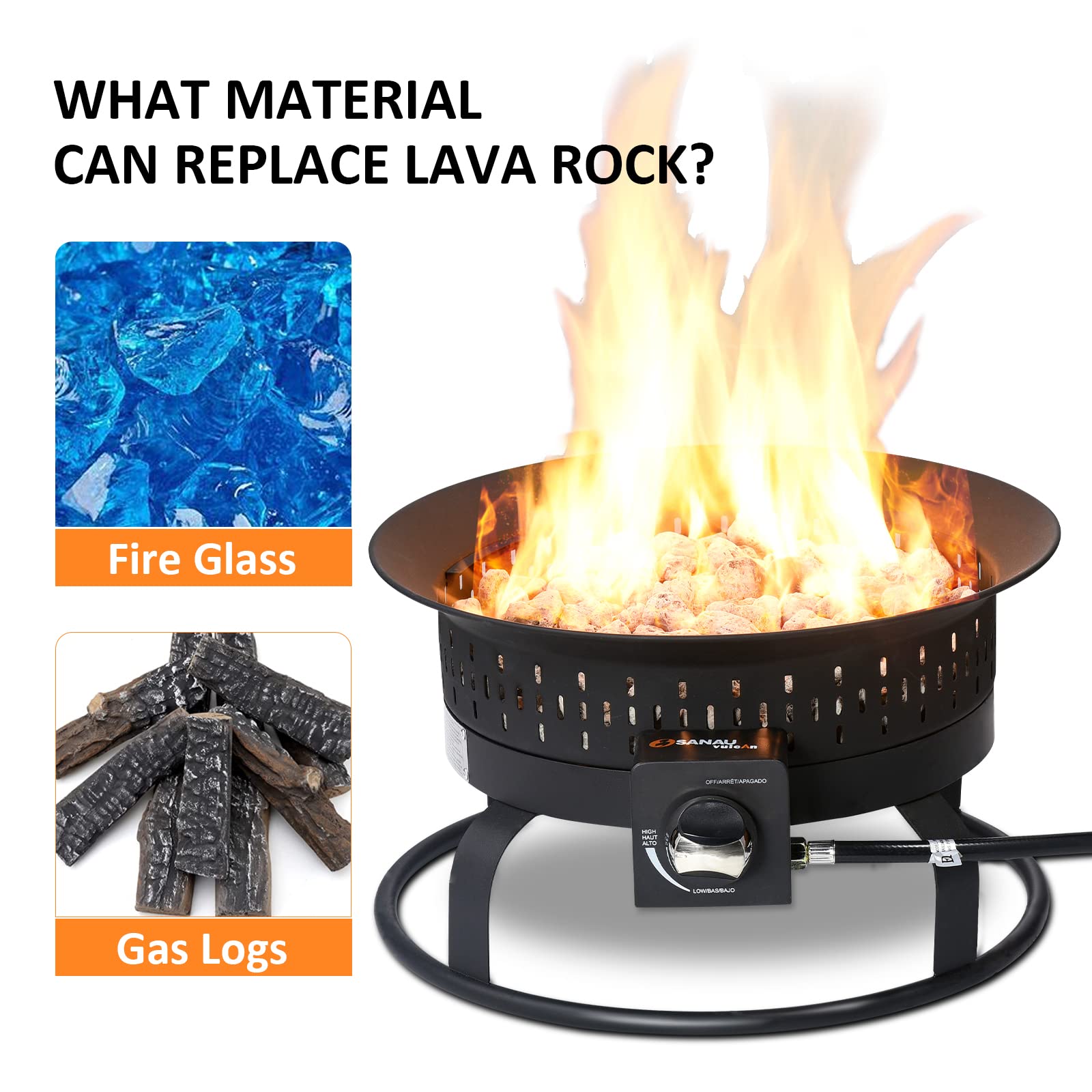 SANAUVULCAN Portable Propane Fire Pit, 58,000 BTU Outdoor Propane Gas Fire Pit for Camping, Backyard, Tailgating and Patio, Gas Fire Pit Bowl with Cover, Lava Rock Stone and Tank Stabilizer Ring