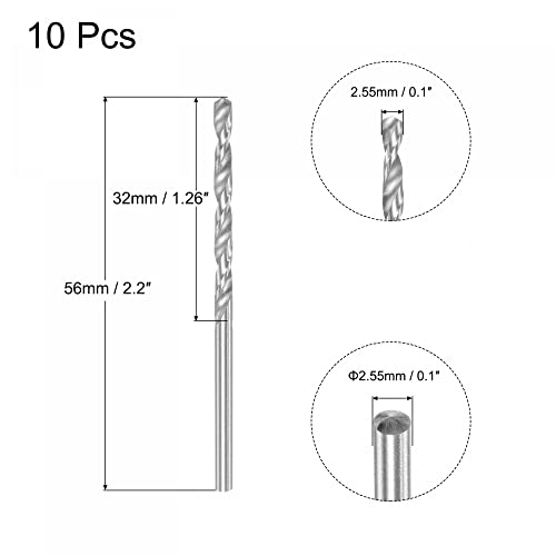 uxcell 10 Pcs 2.55mm HSS(High Speed Steel) W6542 Micro Drill Bits, Fully Ground Jobber 56mm Length Drill Bit for Mild Steel Copper Aluminum