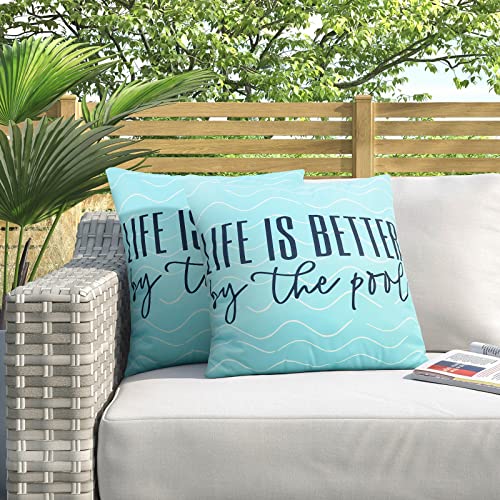 Adabana Pack of 2 Blue and Navy Outdoor Waterproof Throw Pillow Covers 18x18 Decorative Pillows Case for Patio Furniture Garden, Life is Better by The Pool