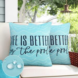 adabana pack of 2 blue and navy outdoor waterproof throw pillow covers 18x18 decorative pillows case for patio furniture garden, life is better by the pool