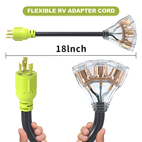 AOWEITOUR RV 30 Amp to 110 Adapter Generator Power Cord, 3 Prong 30 Amp Adapter Plug to 20 Amp Twist Lock Socket,NAMA L5-30P Male Plug to 3X 5-20R T-Blade Female,10 AWG STW (1.5FT)