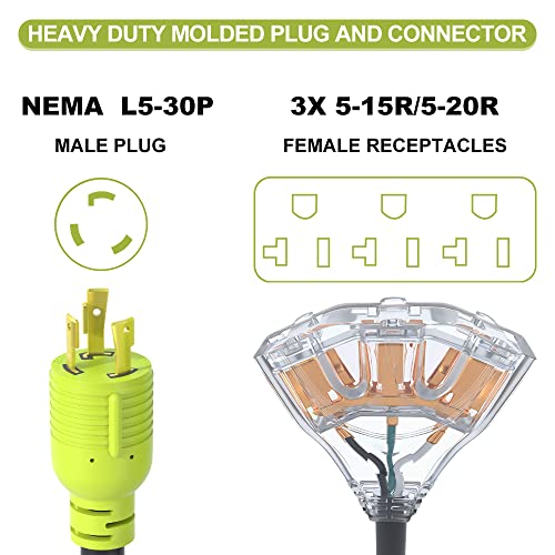 AOWEITOUR RV 30 Amp to 110 Adapter Generator Power Cord, 3 Prong 30 Amp Adapter Plug to 20 Amp Twist Lock Socket,NAMA L5-30P Male Plug to 3X 5-20R T-Blade Female,10 AWG STW (1.5FT)