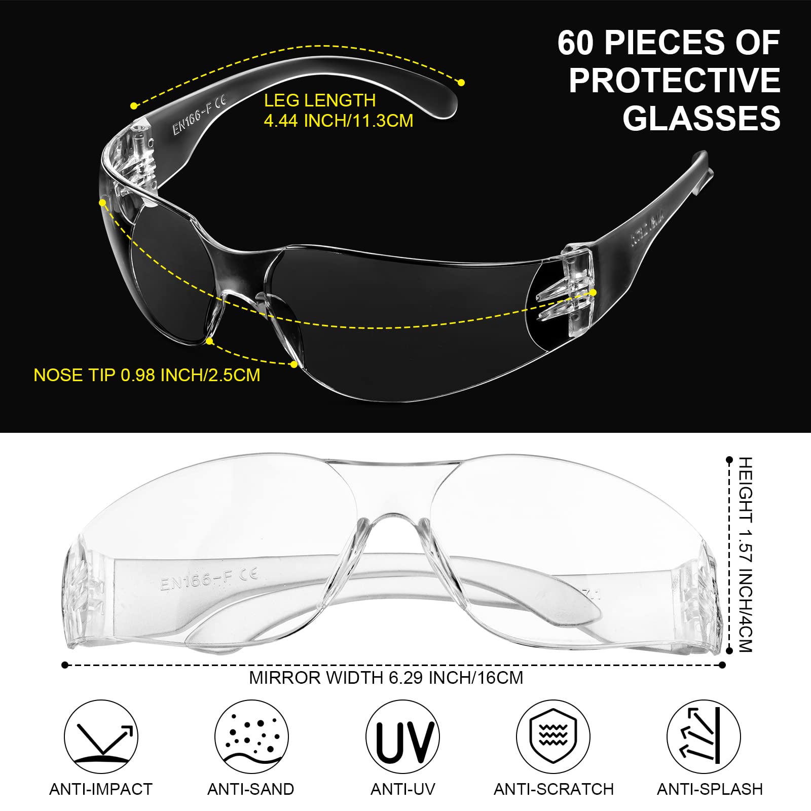 60 Pairs Protective Safety Glasses Goggles with 60 Pairs Reusable Earplugs, Clear Airsoft Goggle Anti Scratch UV Resistant Eyewear Goggles for Men and Women for Work, Lab, Construction, Sports