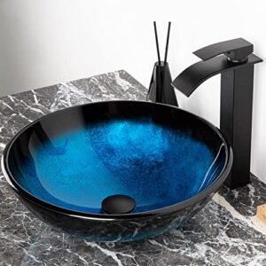 klincair vessel sink artistic tempered glass vessel sinks basin bowl set | top mount bathroom sinks above counter with matte black waterfall faucet and pop-up drain combo (ocean blue)