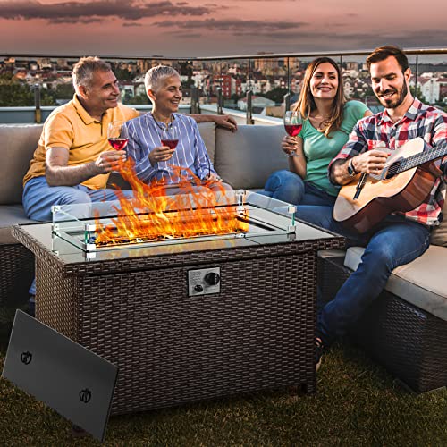 SELLERWE Propane Fire Pit Table, 44" 60,000 BTU Auto-Ignition Aluminum Rectangle Wicker Gas Fire Pits/Dining Fire Table w/Wind Guard, CSA Certification for Outdoor Patio Garden Backyard, Brown