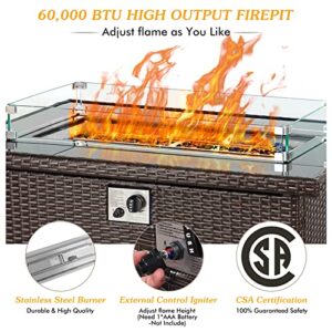 SELLERWE Propane Fire Pit Table, 44" 60,000 BTU Auto-Ignition Aluminum Rectangle Wicker Gas Fire Pits/Dining Fire Table w/Wind Guard, CSA Certification for Outdoor Patio Garden Backyard, Brown