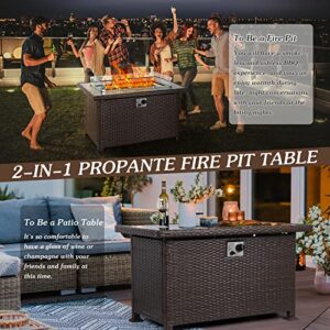 SELLERWE Propane Fire Pit Table, 44" 60,000 BTU Auto-Ignition Aluminum Rectangle Wicker Gas Fire Pits/Dining Fire Table w/Wind Guard, CSA Certification for Outdoor Patio Garden Backyard, Brown