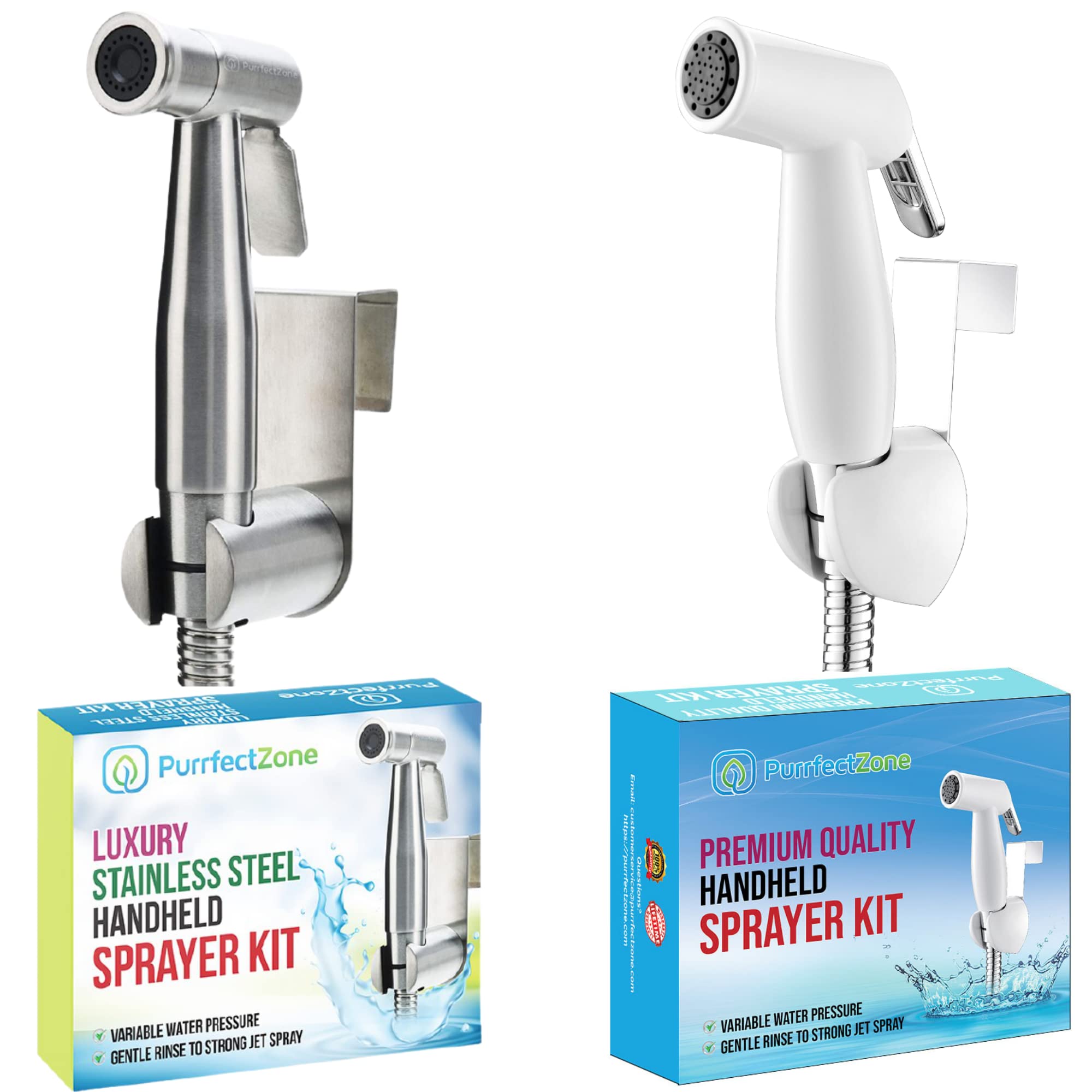 Purrfectzone Bundle of Two Complete Bidet Kits - White Bidet and Stainless Steel Bidet Sprayer for Toilet Sets, Two Kits Bundle