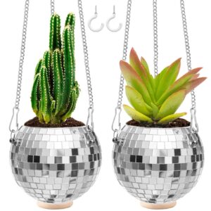 orikaso 2 pcs 4" disco ball planter with chain - mirror ball flower succulents pots - home boho hanging planter - ideal for indoor and outdoor decorations