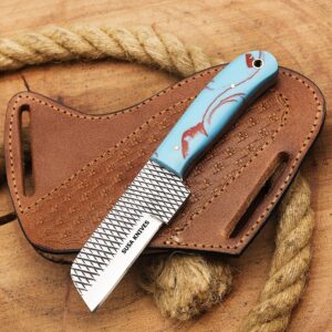 susa knives custom handmade rasp bull cutter knives horse file steel bull cutter knife, cowboy skinner knife with pancake leather sheath (blue)