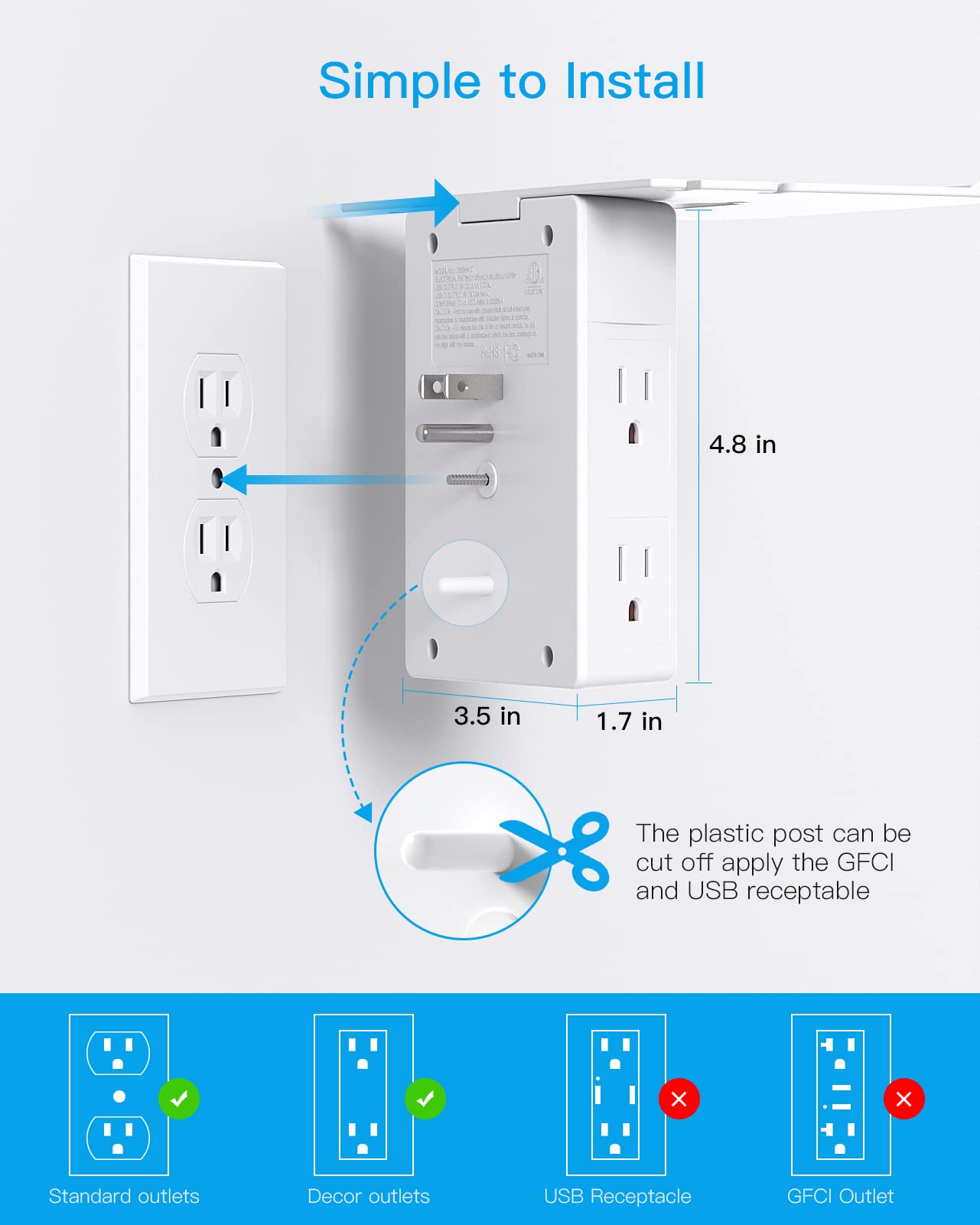 Multi Plug Outlets, Wall Outlet Extender with Night Light and Outlet Shelf, Surge Protector 4 USB Ports(1 USB C), USB Wall Charger Power Strip Electric Outlet Splitter for Home Office