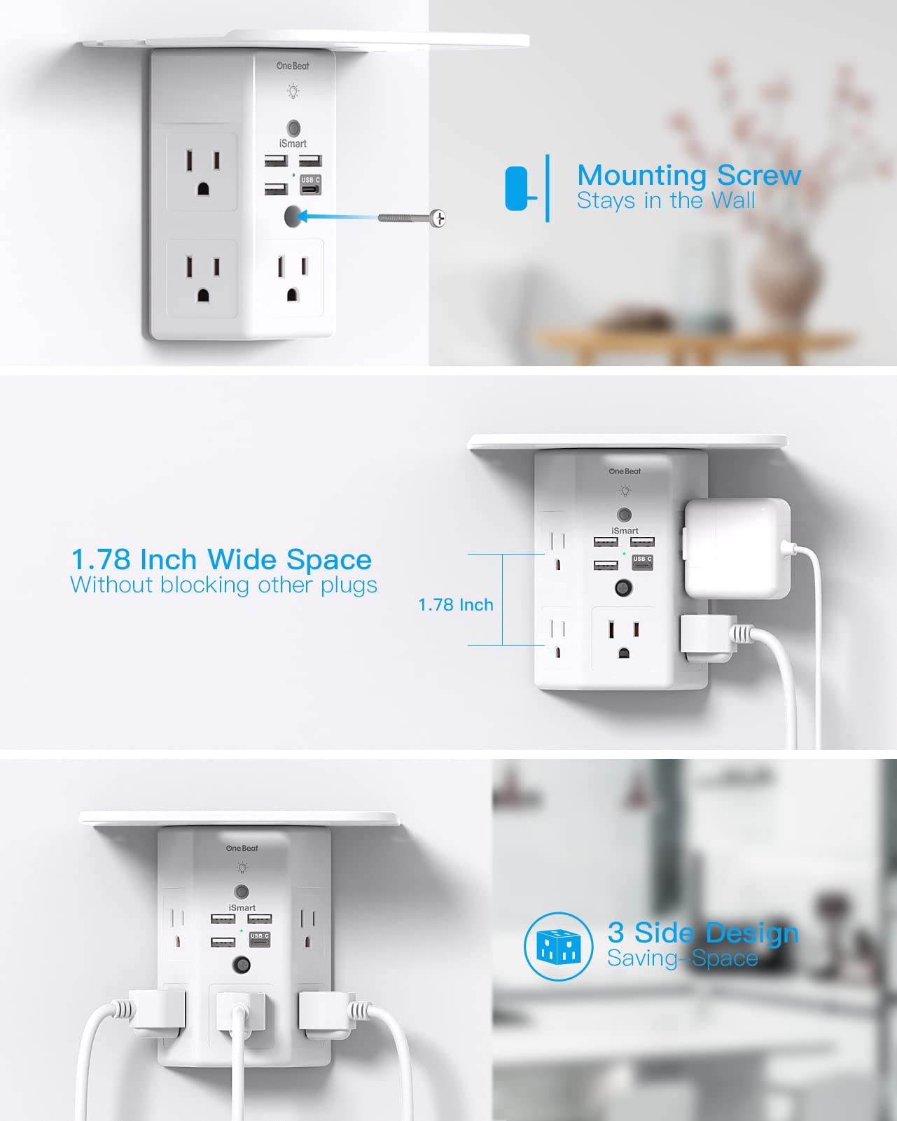 Multi Plug Outlets, Wall Outlet Extender with Night Light and Outlet Shelf, Surge Protector 4 USB Ports(1 USB C), USB Wall Charger Power Strip Electric Outlet Splitter for Home Office