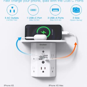 Multi Plug Outlets, Wall Outlet Extender with Night Light and Outlet Shelf, Surge Protector 4 USB Ports(1 USB C), USB Wall Charger Power Strip Electric Outlet Splitter for Home Office