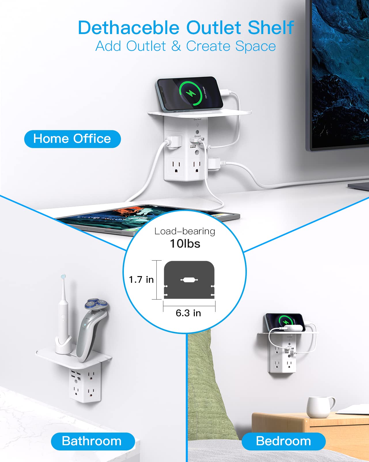 Multi Plug Outlets, Wall Outlet Extender with Night Light and Outlet Shelf, Surge Protector 4 USB Ports(1 USB C), USB Wall Charger Power Strip Electric Outlet Splitter for Home Office