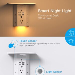 Multi Plug Outlets, Wall Outlet Extender with Night Light and Outlet Shelf, Surge Protector 4 USB Ports(1 USB C), USB Wall Charger Power Strip Electric Outlet Splitter for Home Office