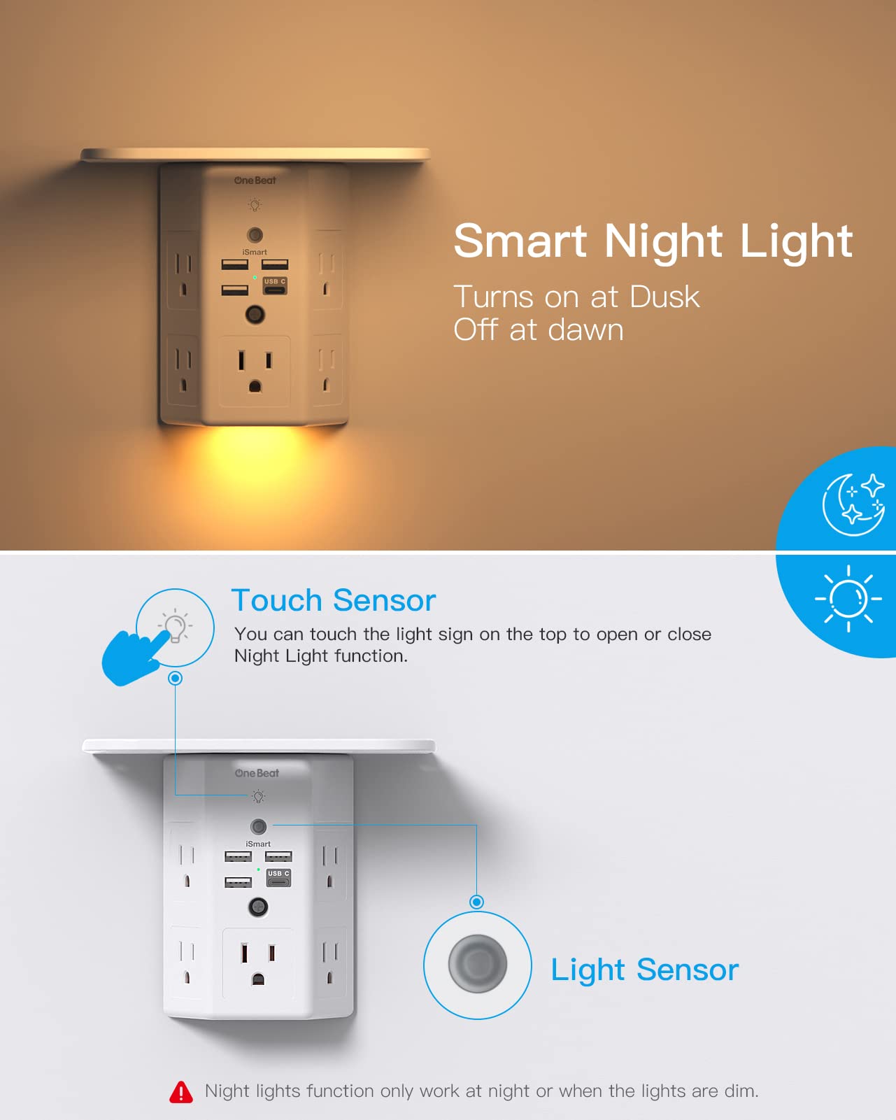 Multi Plug Outlets, Wall Outlet Extender with Night Light and Outlet Shelf, Surge Protector 4 USB Ports(1 USB C), USB Wall Charger Power Strip Electric Outlet Splitter for Home Office