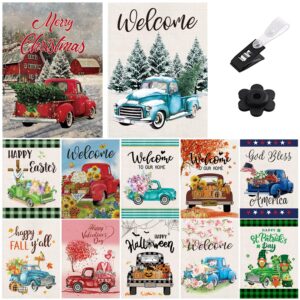 seasonal garden flags set set of 12 double sided 12x18 inch christmas garden yard flag, winter welcome holiday garden flags with truck small garden flags for all seasons for outside indoor home