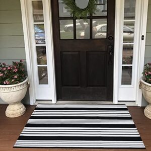black and white outdoor rug - 2’4''x3'8'' striped cotton woven area rug machine washable area rug, indoor/outdoor patio floor mat for farmhouse/porch/lawn/bedroom