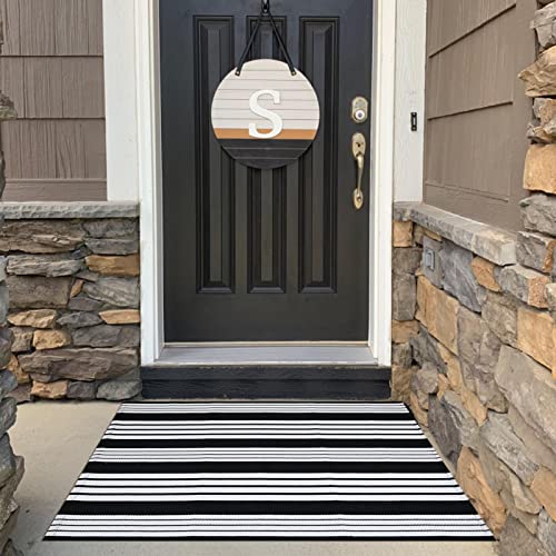 Black and White Outdoor Rug - 2’4''x3'8'' Striped Cotton Woven Area Rug Machine Washable Area Rug, Indoor/Outdoor Patio Floor Mat for Farmhouse/Porch/Lawn/Bedroom