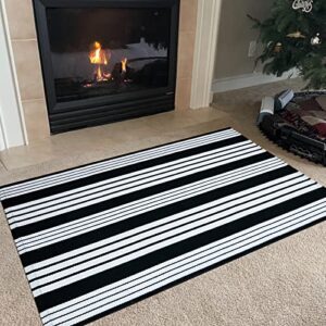 Black and White Outdoor Rug - 2’4''x3'8'' Striped Cotton Woven Area Rug Machine Washable Area Rug, Indoor/Outdoor Patio Floor Mat for Farmhouse/Porch/Lawn/Bedroom