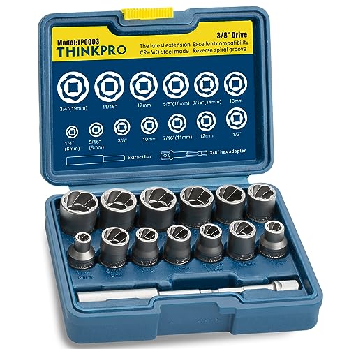 THINKPRO Upgraded Bolt Extractor Set, 15 PCS Impact Bolt & Nut Remover Set, Stripped Lug Nut Remover, Extraction Socket Set for Removing Damaged, Frozen, Rusted, Rounded-Off Bolts, Nuts & Screws