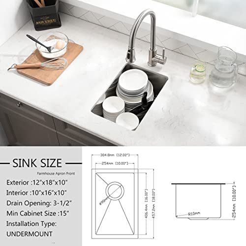 12 Inch Undermount Bar Prep Sink - WXOHF 16 Gauge Stainless Steel Single Bowl Bar Prep Kitchen Sink with Strainer & Bottom Grid