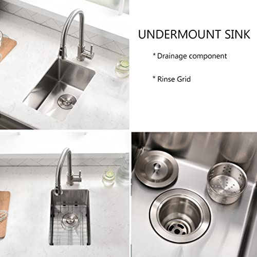 12 Inch Undermount Bar Prep Sink - WXOHF 16 Gauge Stainless Steel Single Bowl Bar Prep Kitchen Sink with Strainer & Bottom Grid