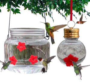 2pack mason jar hummingbird feeder with flower feeding ports for outdoor hanging yard garden decoration clear reservoir design, portable 475ml,