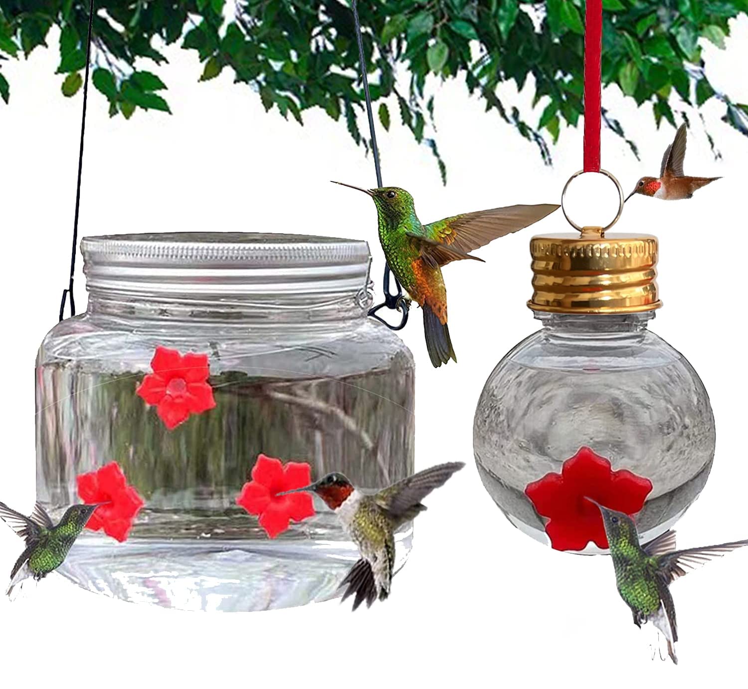 2Pack Mason Jar Hummingbird Feeder with Flower Feeding Ports for Outdoor Hanging Yard Garden Decoration Clear Reservoir Design, Portable 475ml,