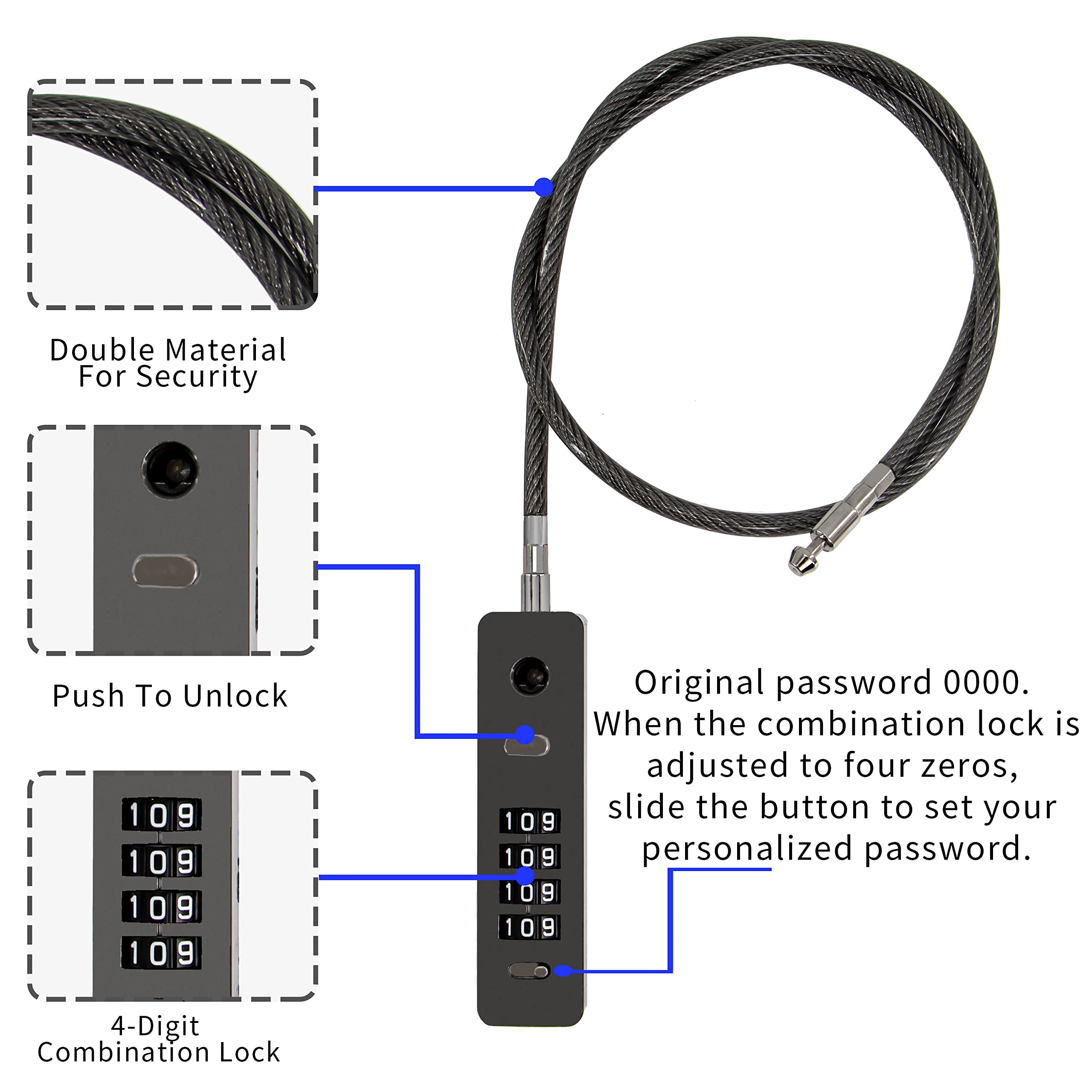 Zolunu Combination Lock Cable Security Steel Cable Luggage Lock Weatherproof with Resettable Code, Braided Steel Coated Anti-Theft Cable Lock