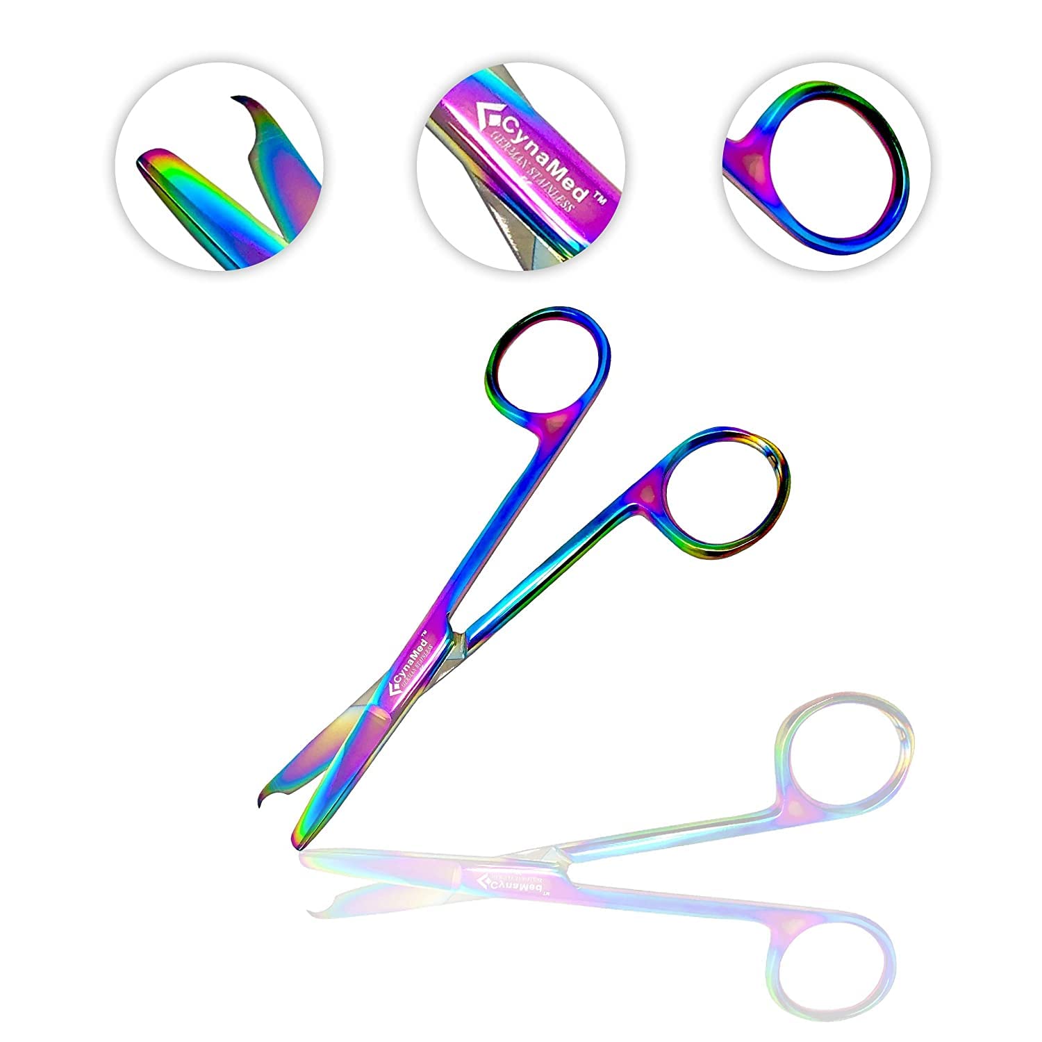Cynamed Hemostat and Scissors with Multicolor Titanium Coating - Set of 3 - Suture Removal Scissors, Lister Bandage Scissors, Hemostatic Forceps (Multi-Color)