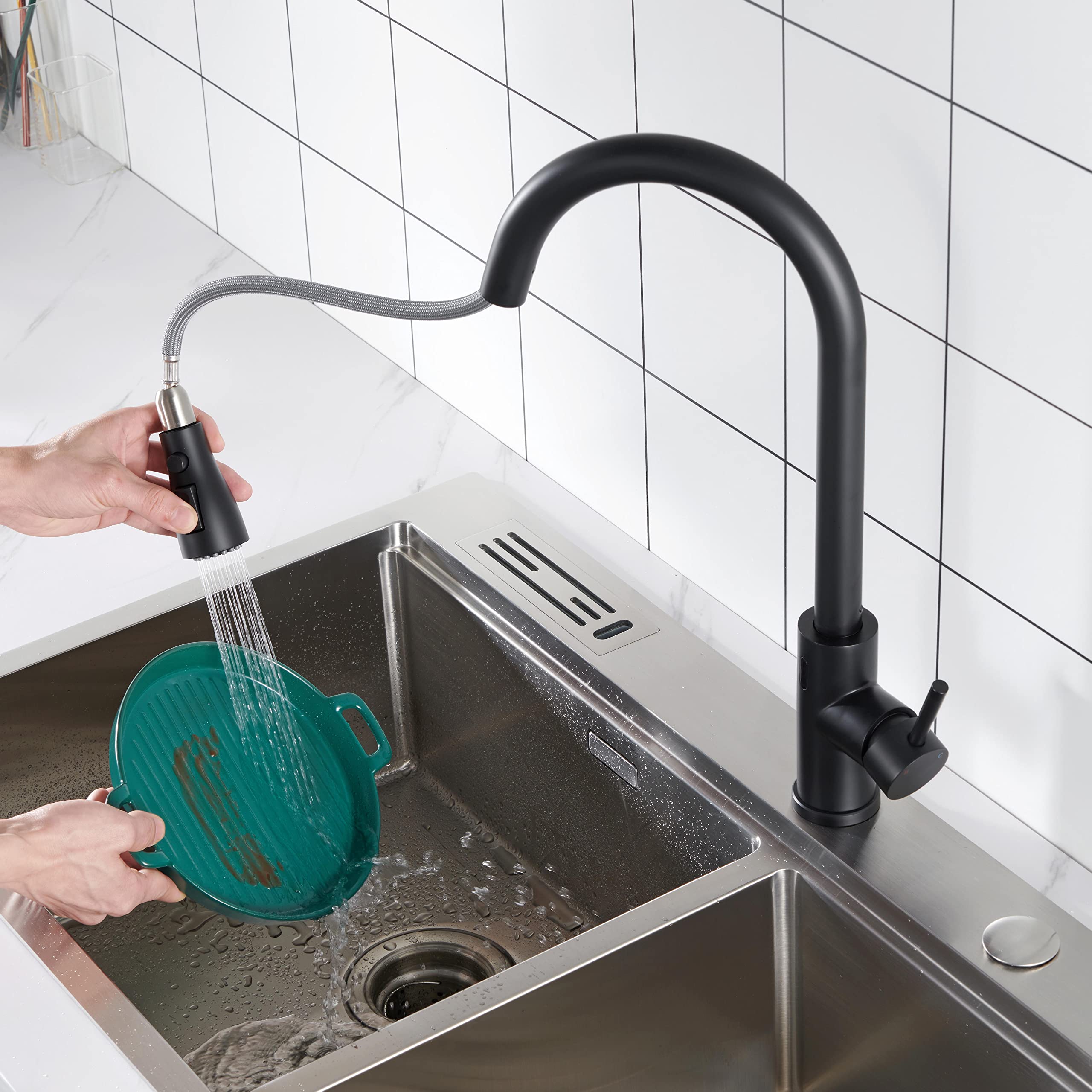 Gangang Touchless Kitchen Faucet with Pull Out Sprayer, Matte Black High Arc Single Handle Single Hole Commercial Kitchen Sink Faucet