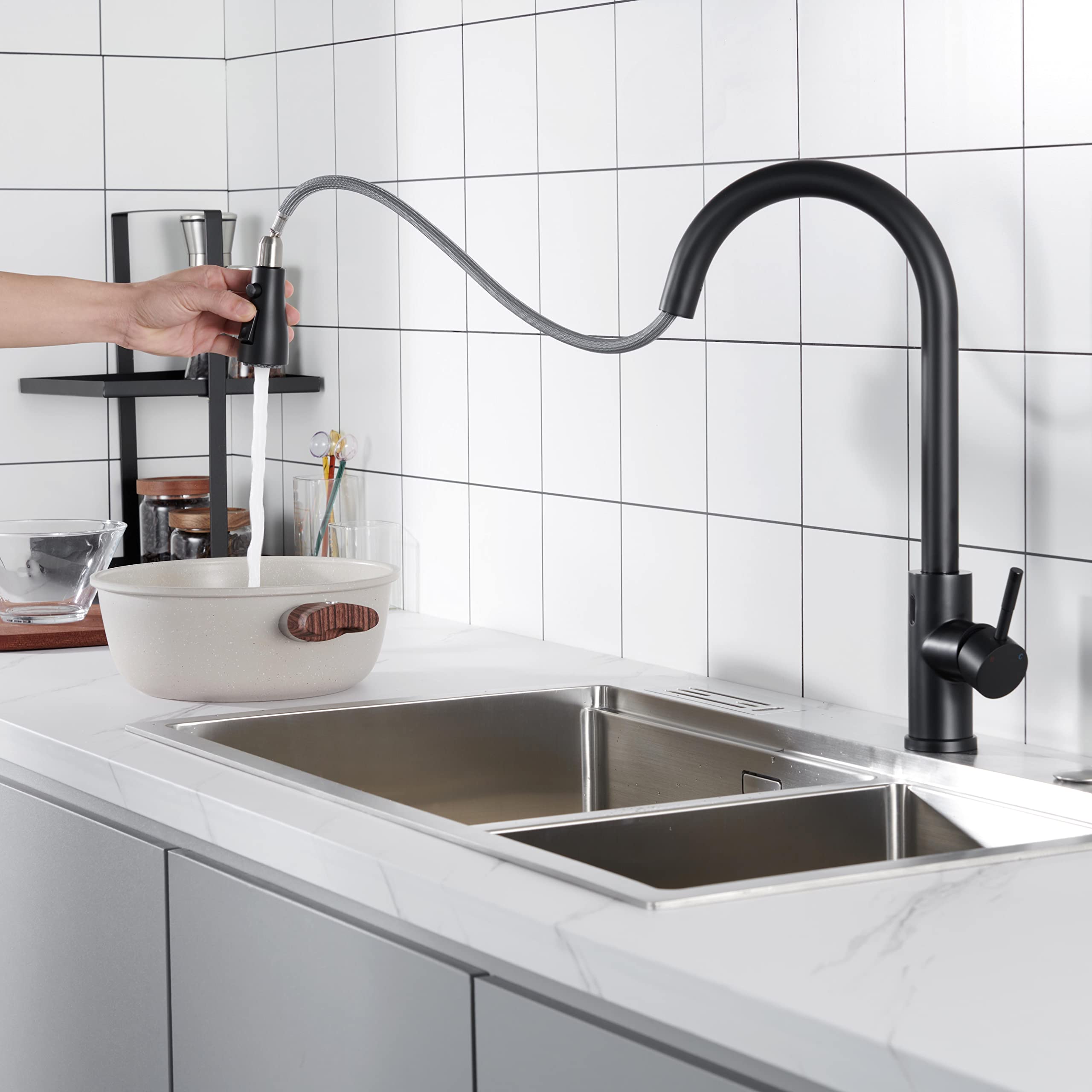 Gangang Touchless Kitchen Faucet with Pull Out Sprayer, Matte Black High Arc Single Handle Single Hole Commercial Kitchen Sink Faucet