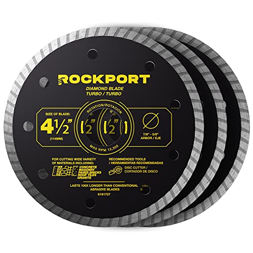 ROCKPORT Turbo 4 1/2 Diamond Blade for Angle Grinder Set - (3 Pack) Diamond Saw Blade & Grinder Blade for Dry/Wet Tile, Diamond Cutting Wheel for Stone, Granite, Concrete, 5/8" - 7/8" Arbor Tile Blade