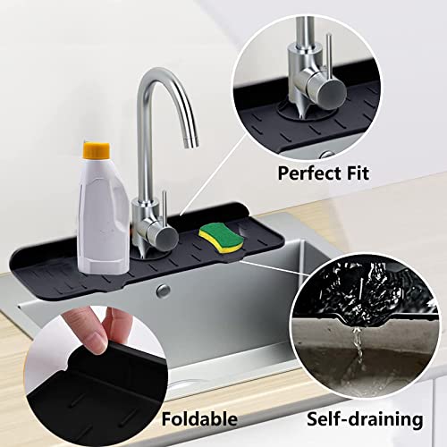 Sink Splash Guard for Kitchen, RV Accessories, Silicone Faucet Handle Drip Catcher Tray, Faucet Water Catcher Mat for Bathroom, Kitchen Accessories, black, 2pcs