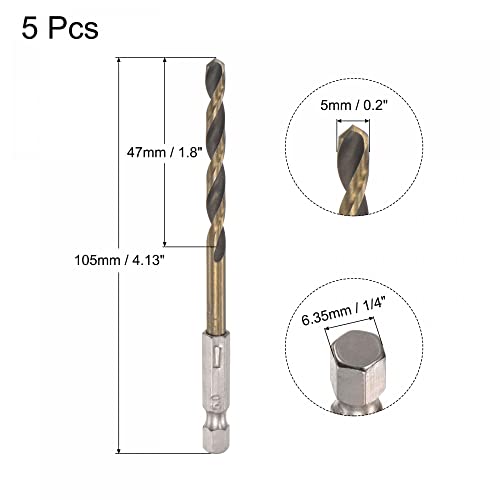 uxcell 5 Pcs High Speed Steel Hex Shank Twist Drill Bit, 5mm Drilling Dia with 1/4 Inch Hex Shank 105mm Length