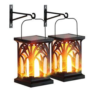 tewei solar wall lantern outdoor hanging solar lights, flickering flame waterproof solar wall sconce 3-lighting mode, hanging solar lamps patio light fixture for fence porch and yard, 2 pack