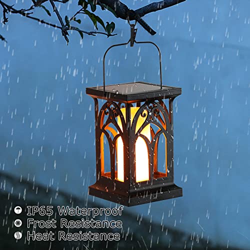 Tewei Solar Wall Lantern Outdoor Hanging Solar Lights, Flickering Flame Waterproof Solar Wall Sconce 3-Lighting Mode, Hanging Solar Lamps Patio Light Fixture for Fence Porch and Yard, 2 Pack