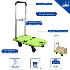 Platform Hand Push Cart Foldable Truck, Moving Cart Dolly, Foldable for Easy Storage and Low Noise 360 Degree Swivel Wheels with 198 lb Weight,Green