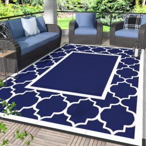 genimo 6' x 9' outdoor rug waterproof for patio decor, foldable reversible plastic straw area rugs mat for camper, outside carpet for rv, deck, porch, picnic, beach, balcony, blue & white