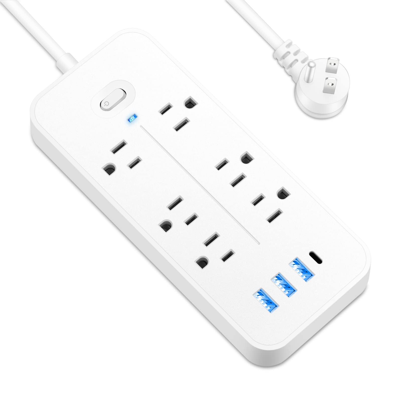 Power Strip, Surge Protector with 6 AC Outlets 3 USB Ports 1 USB-C Port,4 Ft Extension Cord Outlet Strip,Wall Mount for Home, Office, Travel, Computer Desktop, Laptop & Phone Charging