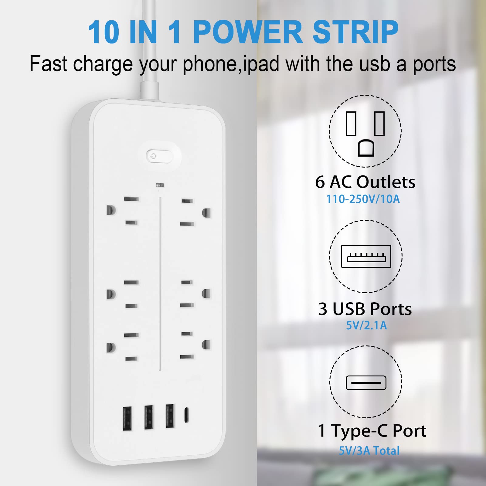 Power Strip, Surge Protector with 6 AC Outlets 3 USB Ports 1 USB-C Port,4 Ft Extension Cord Outlet Strip,Wall Mount for Home, Office, Travel, Computer Desktop, Laptop & Phone Charging