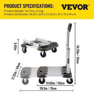VEVOR Platform Truck Foldable,Compact Push Cart Adjustable Length, Aluminum Folding Cart Telescoping Handle with 4 Wheels ,330 LBS Capacity