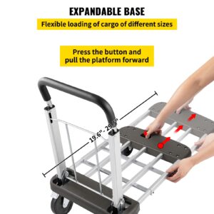 VEVOR Platform Truck Foldable,Compact Push Cart Adjustable Length, Aluminum Folding Cart Telescoping Handle with 4 Wheels ,330 LBS Capacity