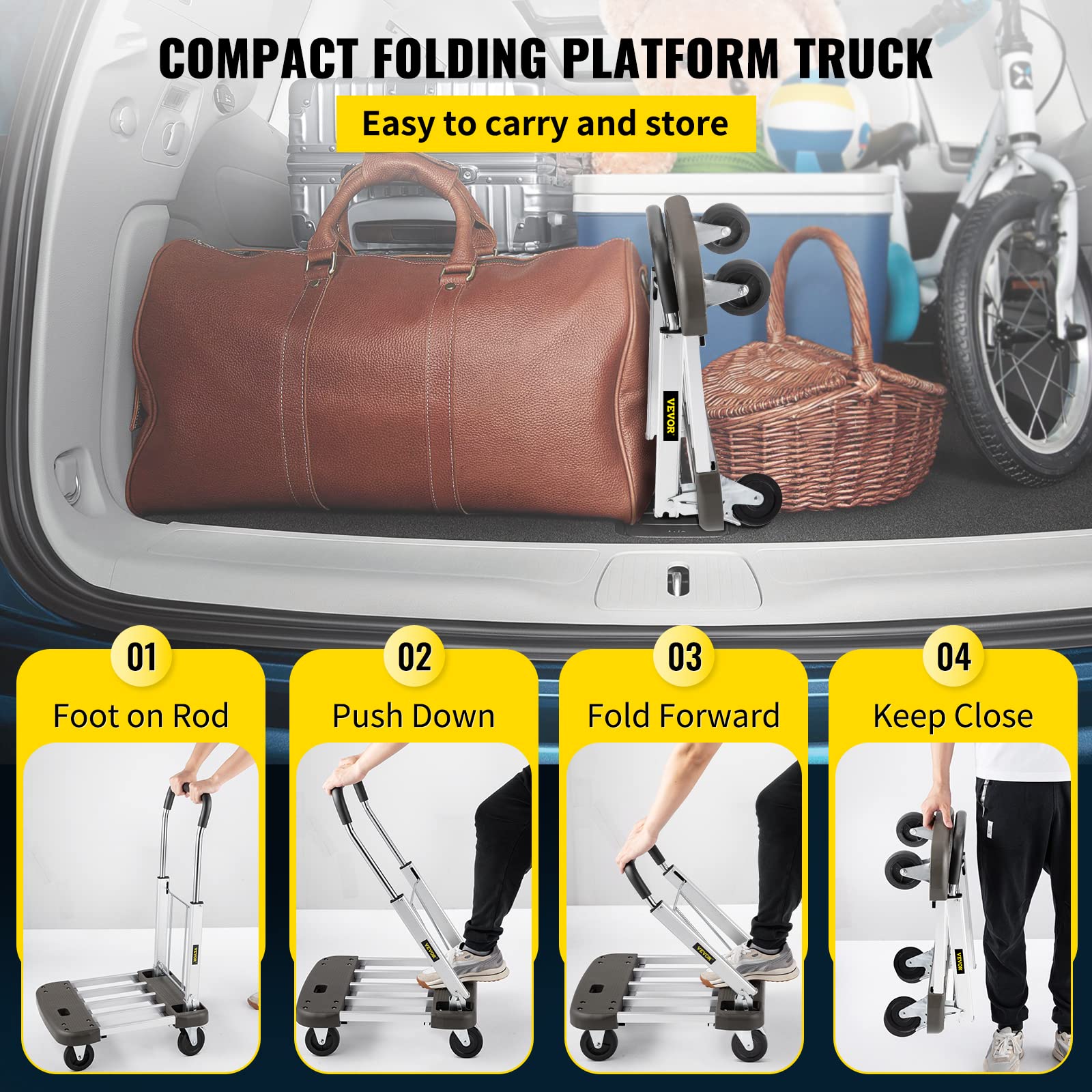VEVOR Platform Truck Foldable,Compact Push Cart Adjustable Length, Aluminum Folding Cart Telescoping Handle with 4 Wheels ,330 LBS Capacity