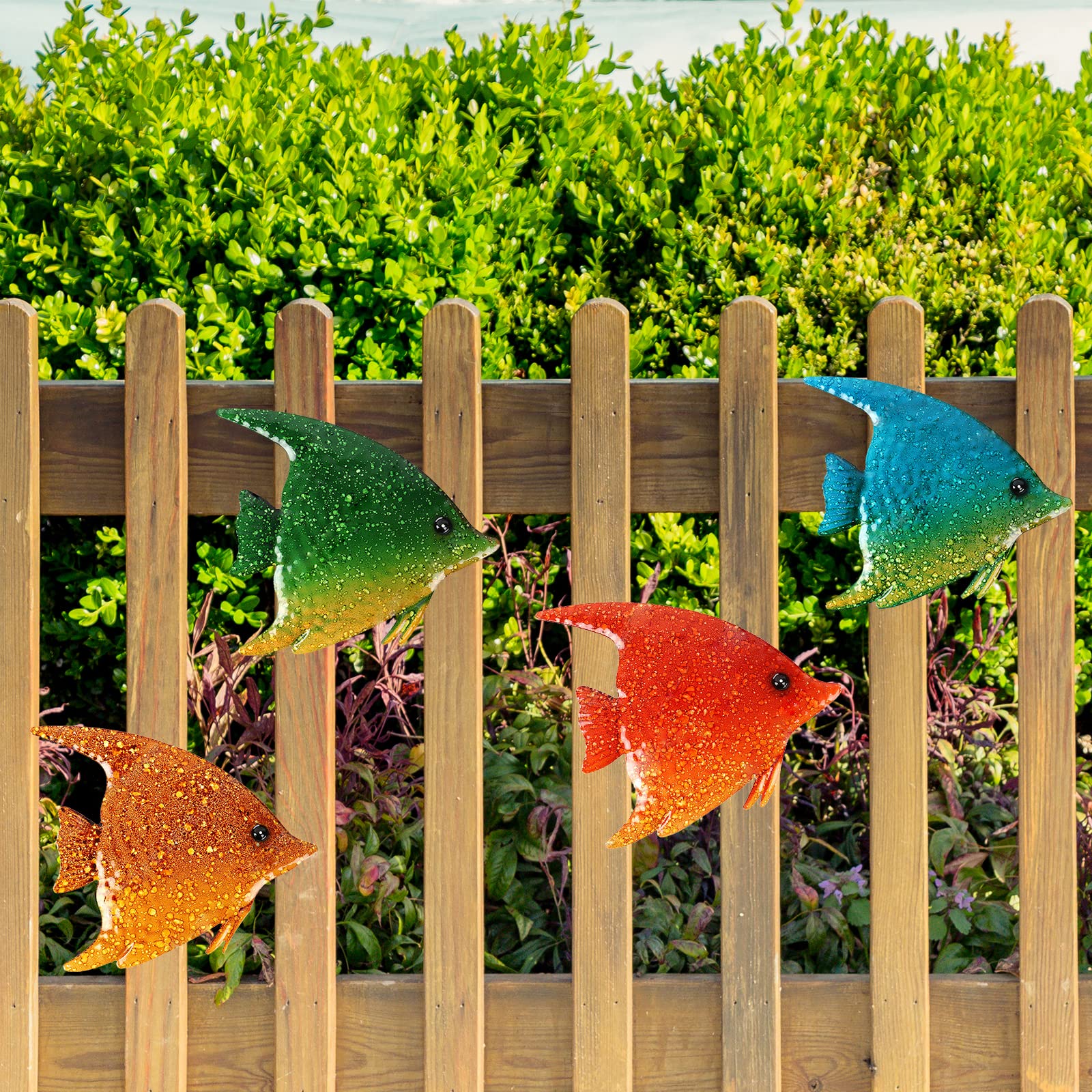 Cruis Cuka Outdoor Metal Wall Art Cute Fish Fence Decorations for Backyard Wall Decor Outside Lawn Ornaments - Set of 4