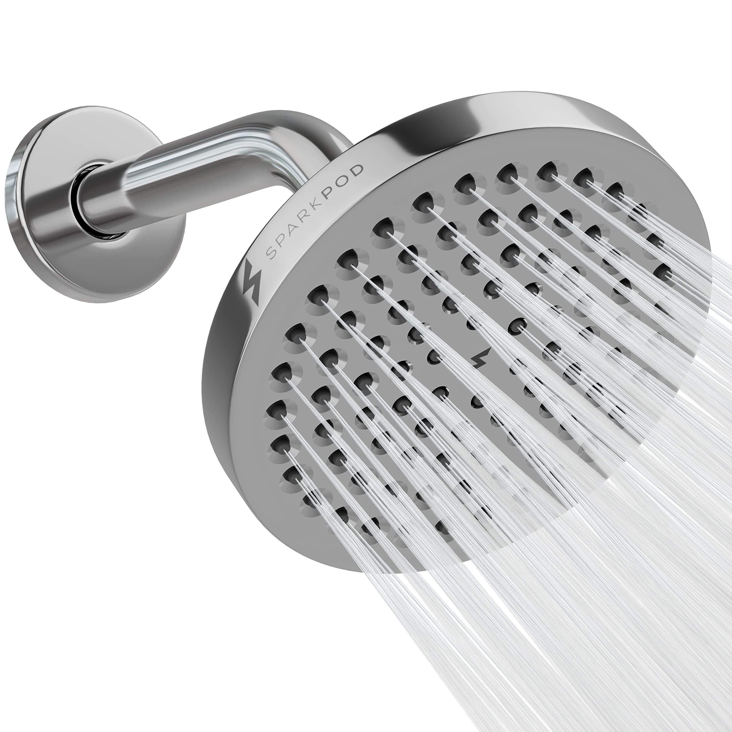 SparkPod 6" Rain Shower Head with 6" Shower Arm - High Pressure Rain - Luxury Modern Look - No Hassle Tool-less 1-Min Installation (Chrome)