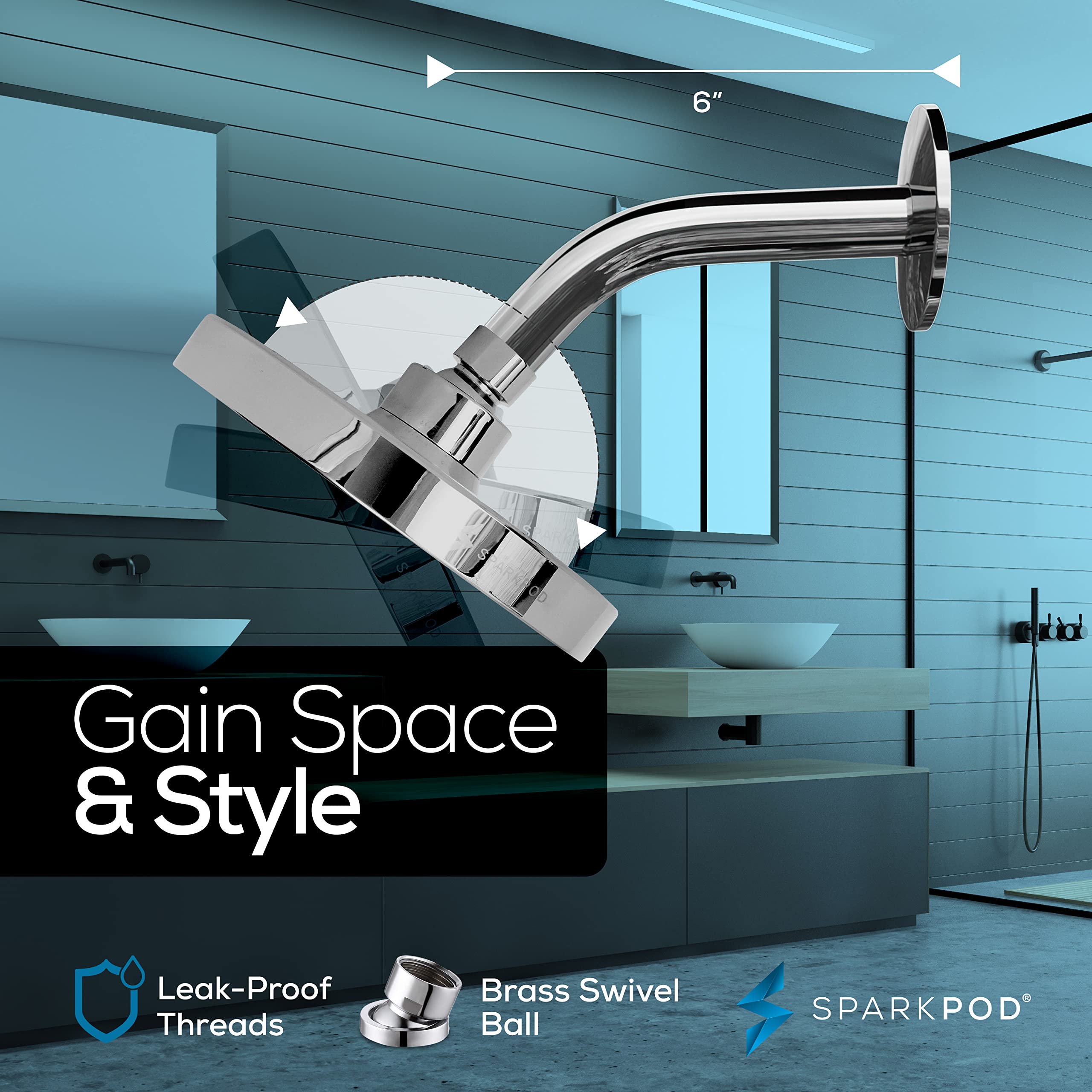 SparkPod 6" Rain Shower Head with 6" Shower Arm - High Pressure Rain - Luxury Modern Look - No Hassle Tool-less 1-Min Installation (Chrome)