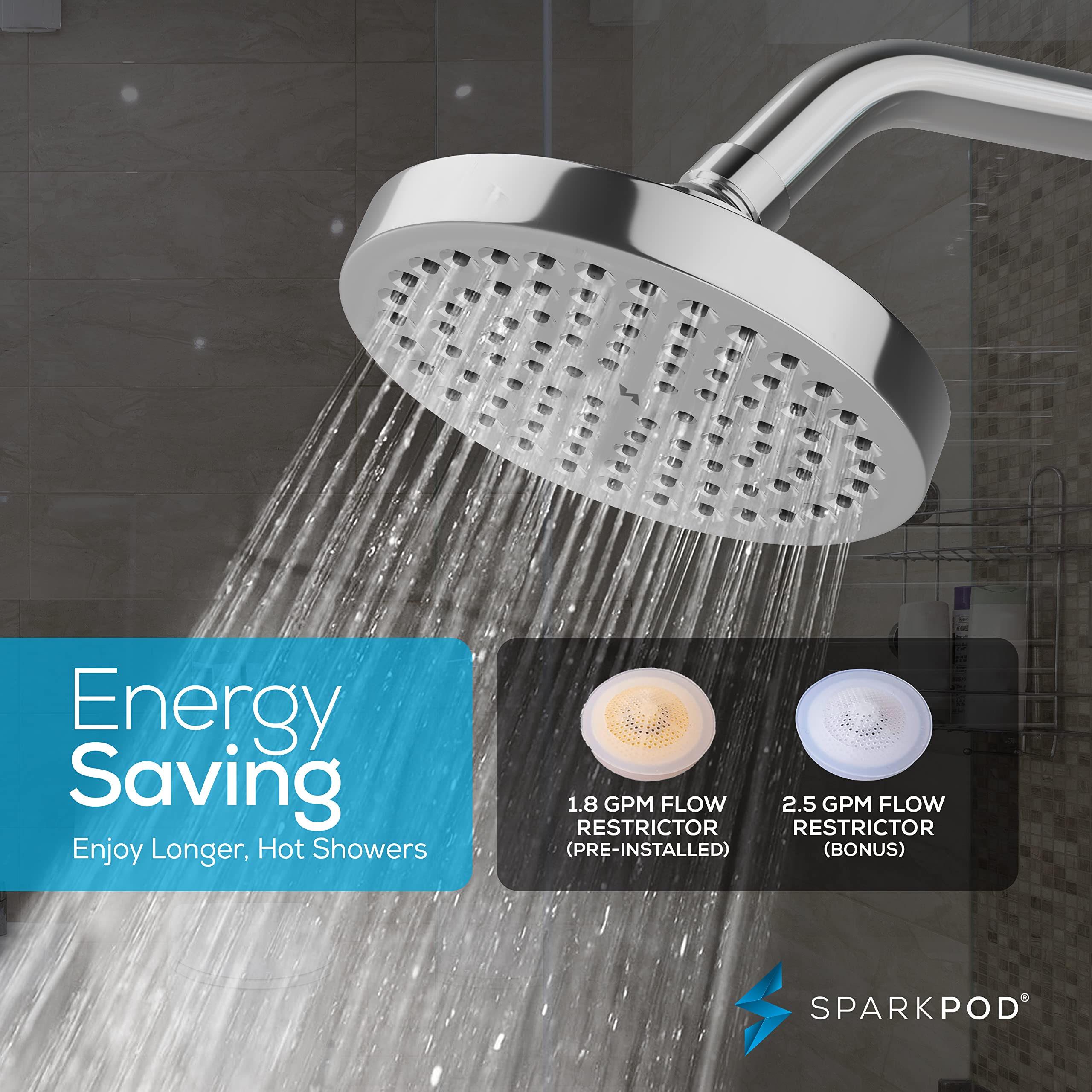 SparkPod 6" Rain Shower Head with 6" Shower Arm - High Pressure Rain - Luxury Modern Look - No Hassle Tool-less 1-Min Installation (Chrome)